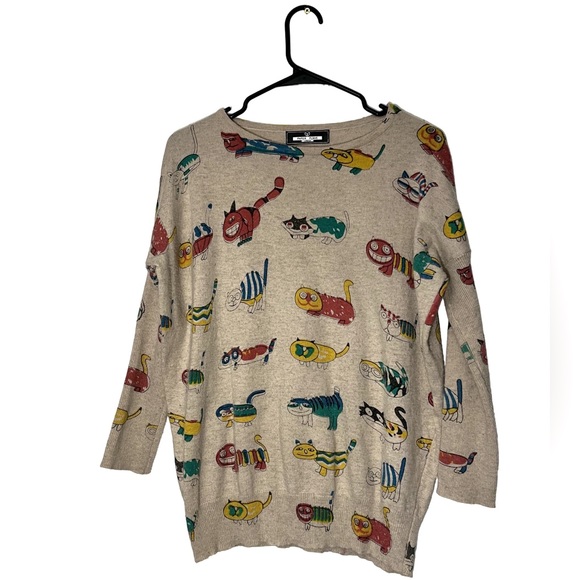 Paper Plane London Sweaters - Whimsical Cat Print Crewneck Sweater - Beige